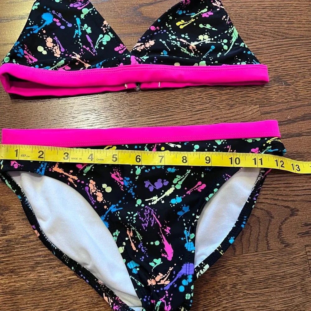 ⭐Y2K Ocean Pacific Paint Splatter Bikini Neon Pink Halter Two Piece XXS